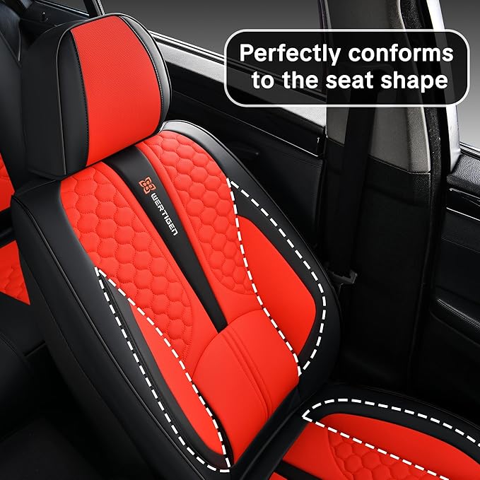 Red Car Seat Covers Full Set – Luxury Waterproof Leather Auto Seat Protector with Airbag Compatible Design, Breathable Non-Slip Cushion, Easy Installation, Fits Most Cars