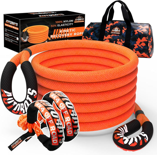 AUTOBOTS Kinetic Recovery Rope 1" x 20'(48,600lbs)+2 Soft Shackles，Heavy Duty Tow Rope Tow Strap for Truck ATV UTV SUV Car，Offroad Recovery Kit
