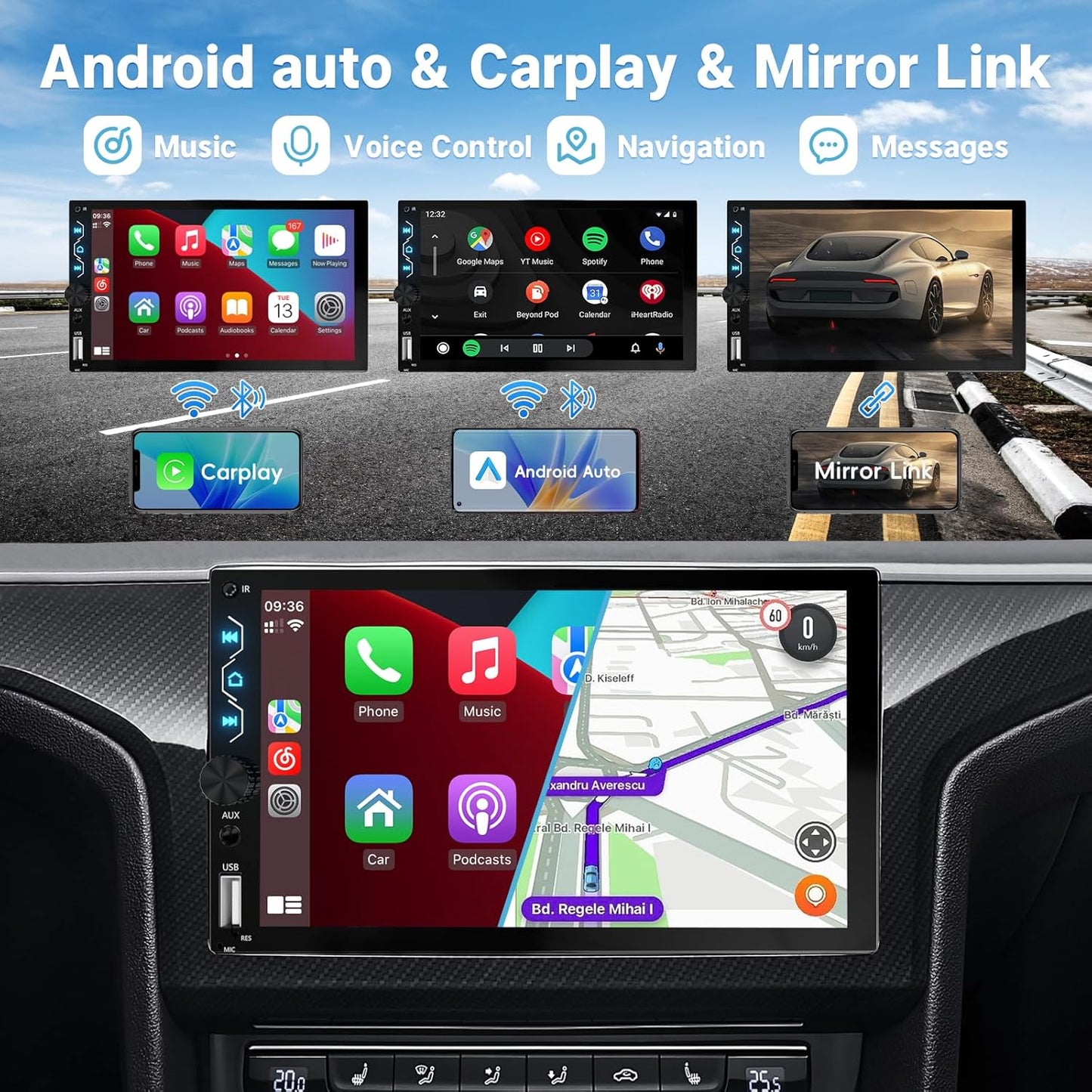 Double Din Car Stereo with Wireless Carplay and Wireless Android Auto,7 Inch Full HD Touchscreen Car Stereo Receivers Support Mirror Link,Bluetooth, Backup Camera,Steering Wheel,FM/USB/AUX/Subwoofer