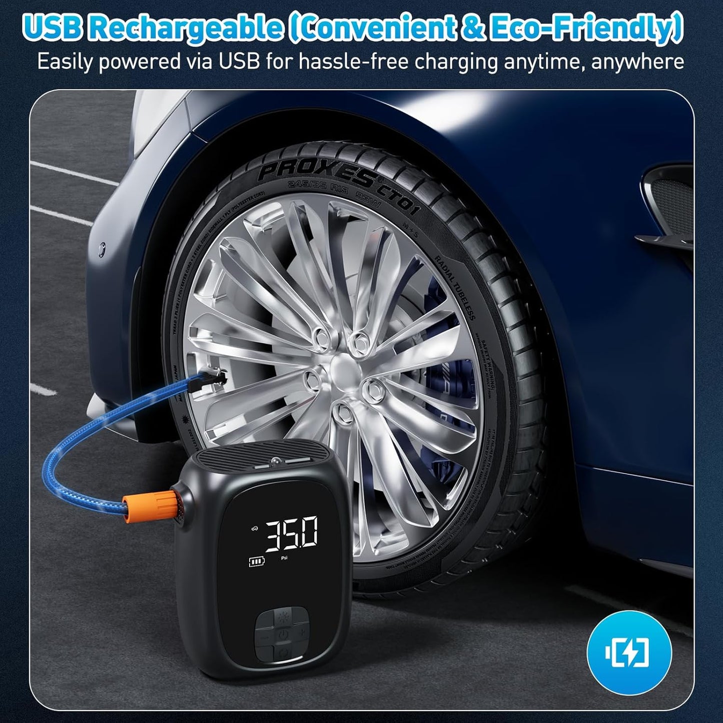 Tire Inflator Portable Air Compressor – Fast Inflation, Auto Shut-Off & LED Display | High-Power Air Pump for Car, Motorcycle & Bike Tires, USB Rechargeable & Compact Design, Gifts for Men