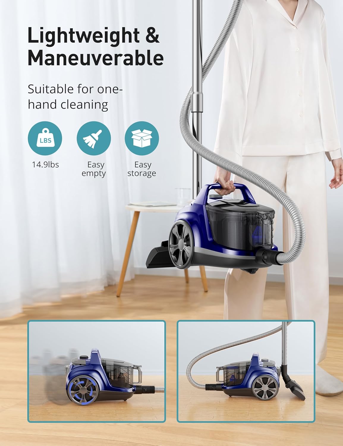 Aspiron Canister Vacuum, Upgraded 1600W Bagless Canister Vacuum Cleaner, Auto Cord Rewind, H13 HEPA Filter, 3.7Qt Large Capacity, 5 Tools for Hard Floors, Carpet, Pet, Upholstery, Tiles, Car, White