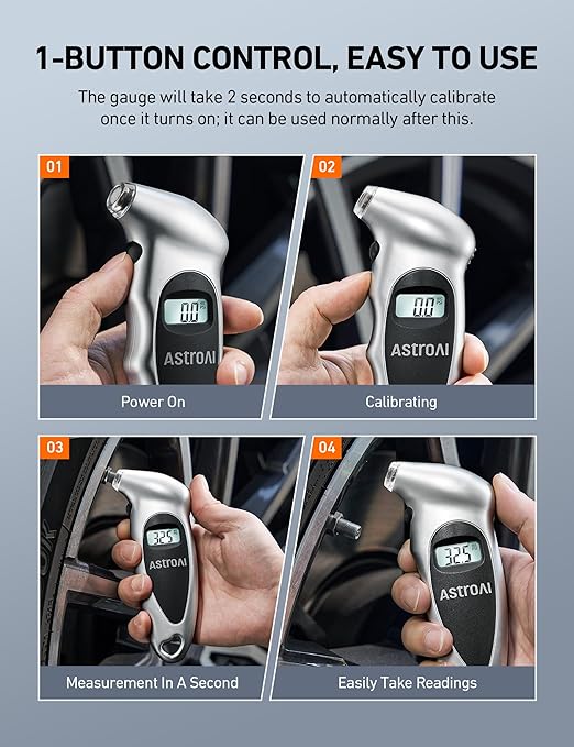 AstroAI Digital Tire Pressure Gauge 0-150PSI, Accurate in 0.1 Increments, Tire Gauge with Backlit LCD and Presta Valve Adaptor, 4 Units of Measurement for Car Truck Bicycle, Sliver
