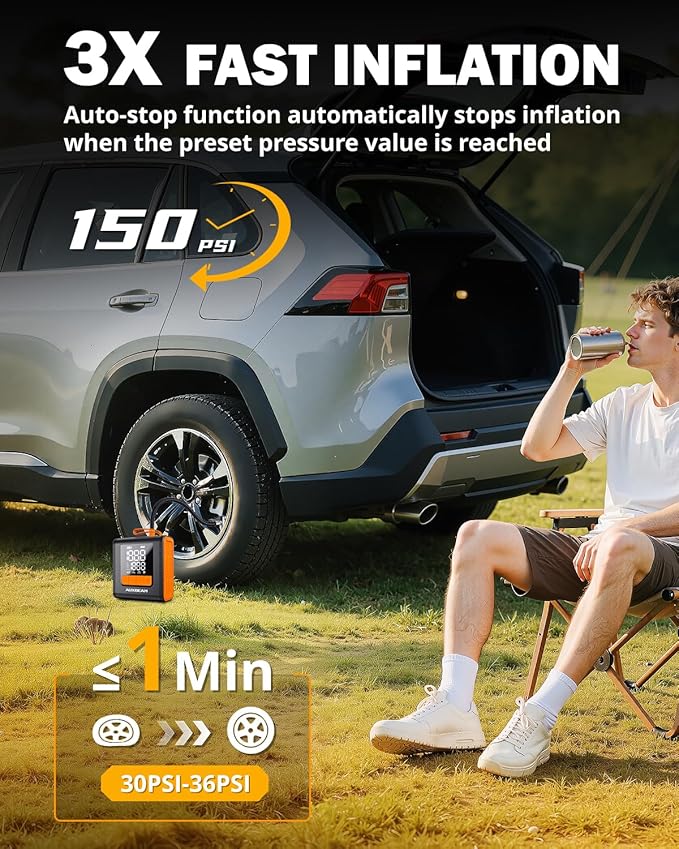 AUXBEAM H4 Tire Inflator Portable Air Compressor,150PSI Car Tire Pump 12V 4 Inflation Modes Cordless Smart Air Pump With LCD Screen for Car, Motorcycle, Bike, Ball