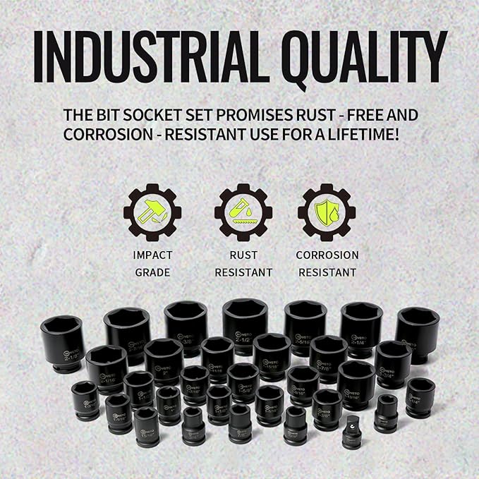 3/4" Drive Impact Socket Set, 31 Piece SAE 11/16" to 2-1/2", 6-Point Sockets Cr-Mo Alloy Steel for Auto Repair Rugged Construction, Storage Case