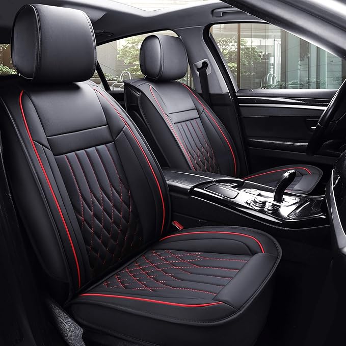 Aierxuan 2pcs Car Seat Covers Front Set with Waterproof Leather, Airbag Compatible Automotive Vehicle Cushion Cover Universal Fit for Most Cars (Black and Red)