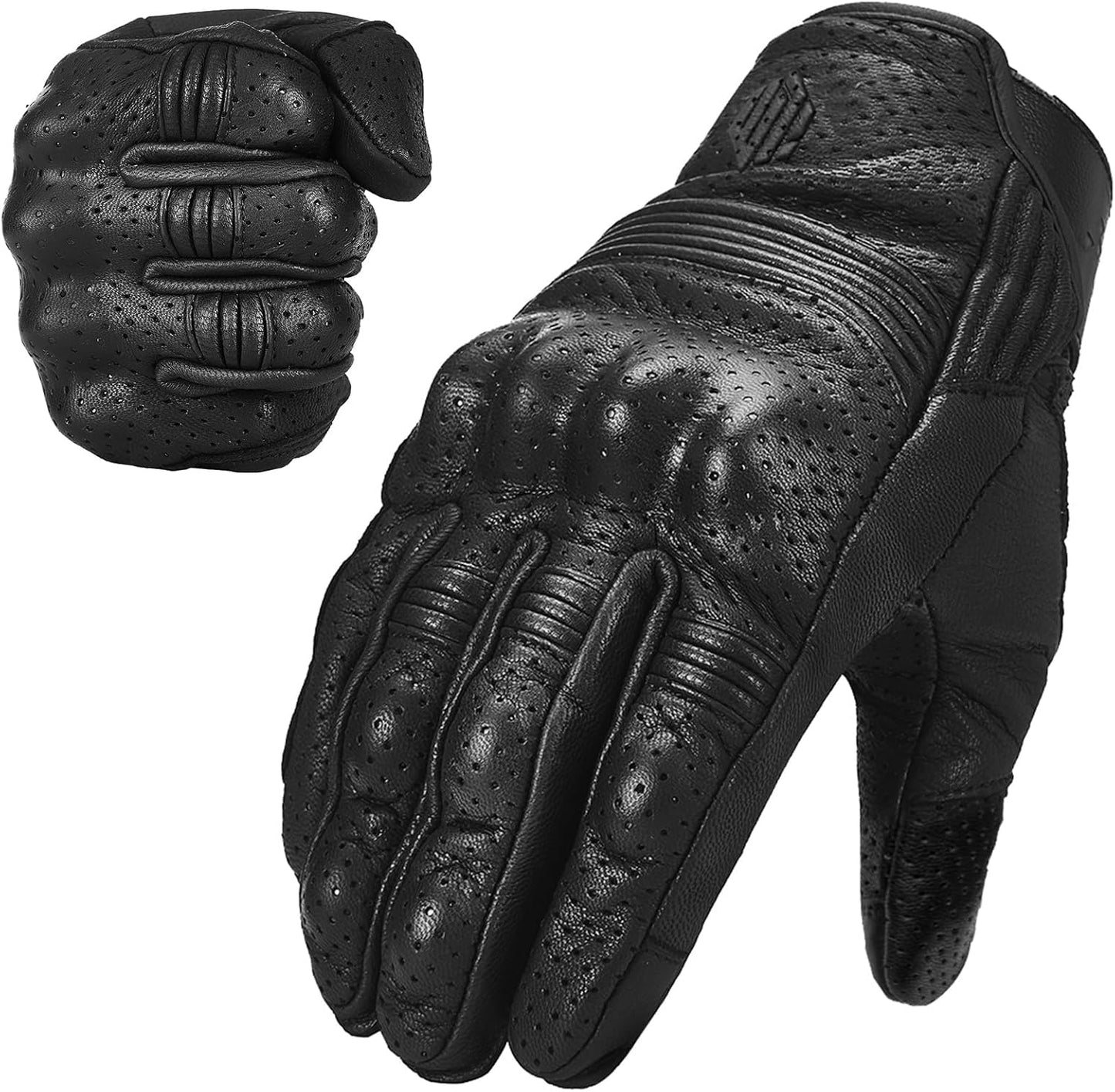 ILM Goatskin Leather Motorcycle Motorbike Powersports Racing Gloves Touchscreen for Men and Women Model DN01(L, Black Perforated)