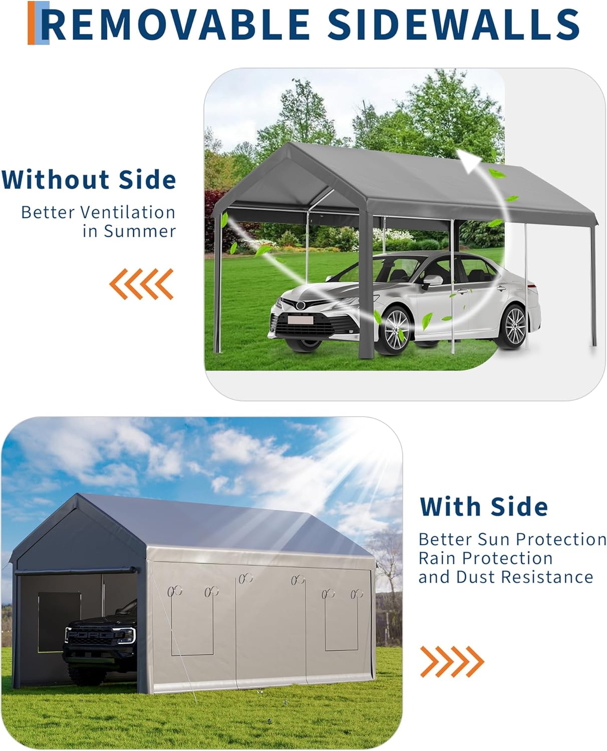 10 x 20ft Heavy-Duty Carport with Roll-Up Windows & Removable Sidewalls & Doors Thickened Wind Ropes, Ground Nails, Portable Car Tent Garage for Cars, Trucks, Boats, 180G Durable Tarp Cover,Grey