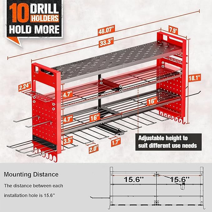 33" W Power Tool Organizer Wall Mount,4-Layer Heavy Duty Tool Storage with 10 Cordless Drill Holder,300 lb Capacity Garage Organization for Garage and Workshop,Red