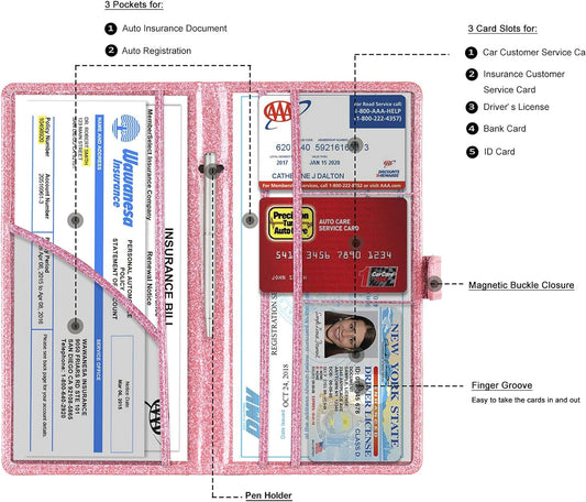 TOURSUIT Car Registration and Insurance Card Holder, Vehicle License Document Glove Box Compartment Organizer, Interior Car Accessories for Women Men (Glitter Pink)
