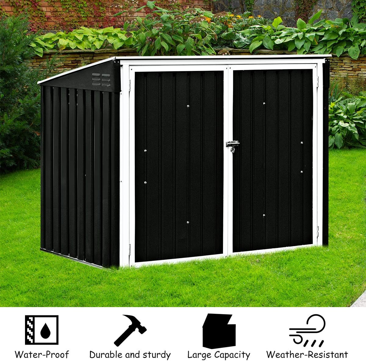 Goplus Horizontal Storage Shed Outdoor, Multi-Function Storage Cabinet for Garden Yard Lawn, 6x3FT Grey & Beige
