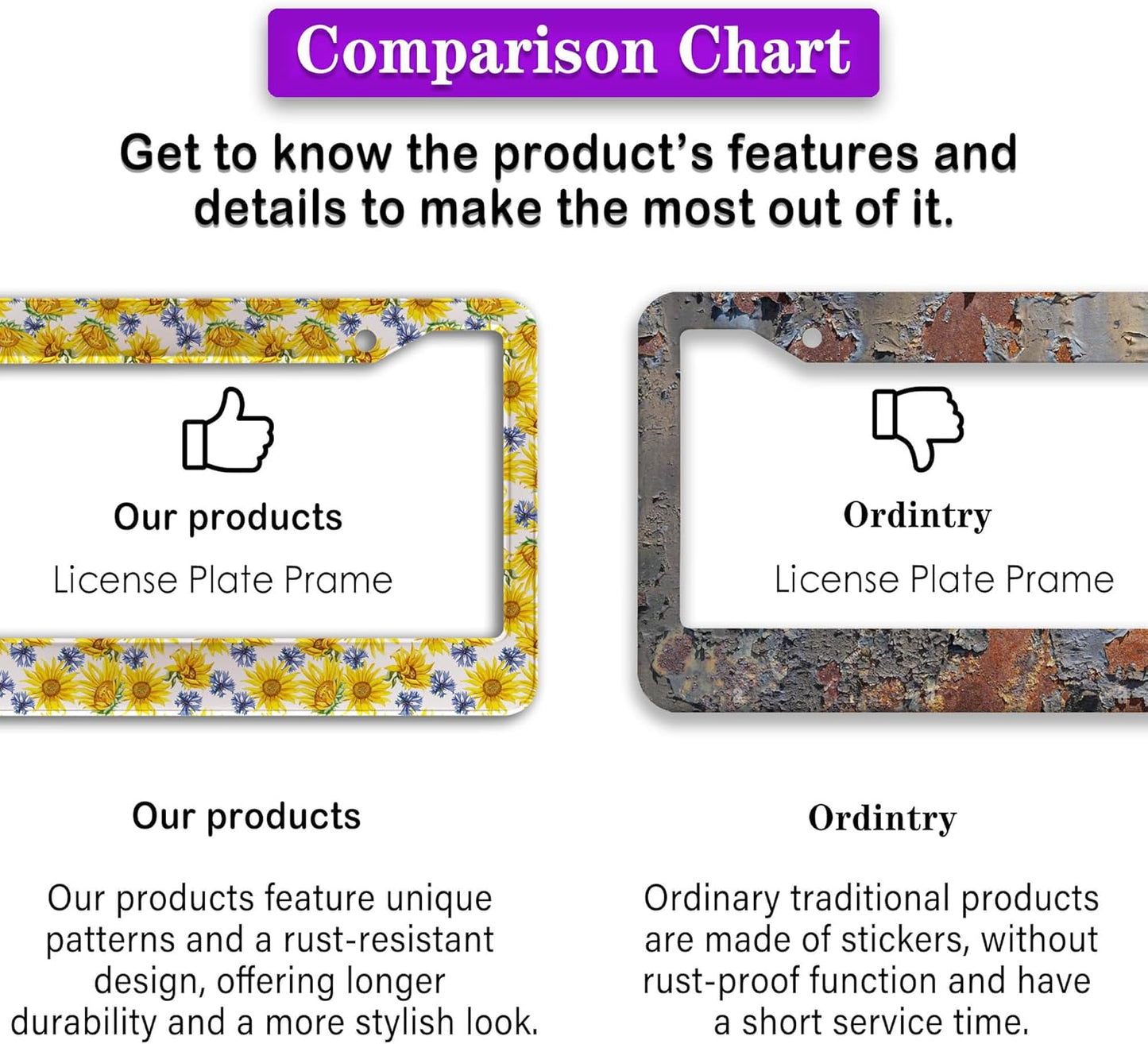 License Plate Cover Frame for Women Multicolor License Plate Frames for Men Sunflowers Aluminum Metal Car Accessory 2 Pack with Screw Covers Set