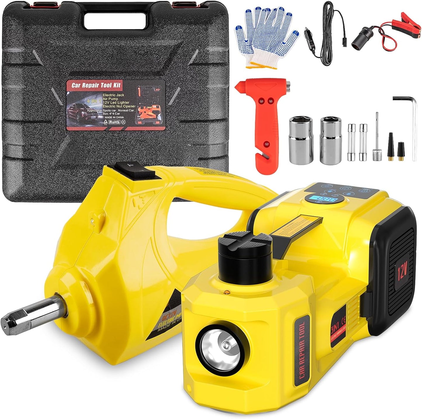 Electric Car Jack, 5 Ton 12V Digital Display Electric Jack for Car with E-Impact Wrench, Tire Inflator Pump and LED Light, (Lifting Range: 6.1~17.7 Inch) for Sedan, SUV, Truck Tire Change Replacement