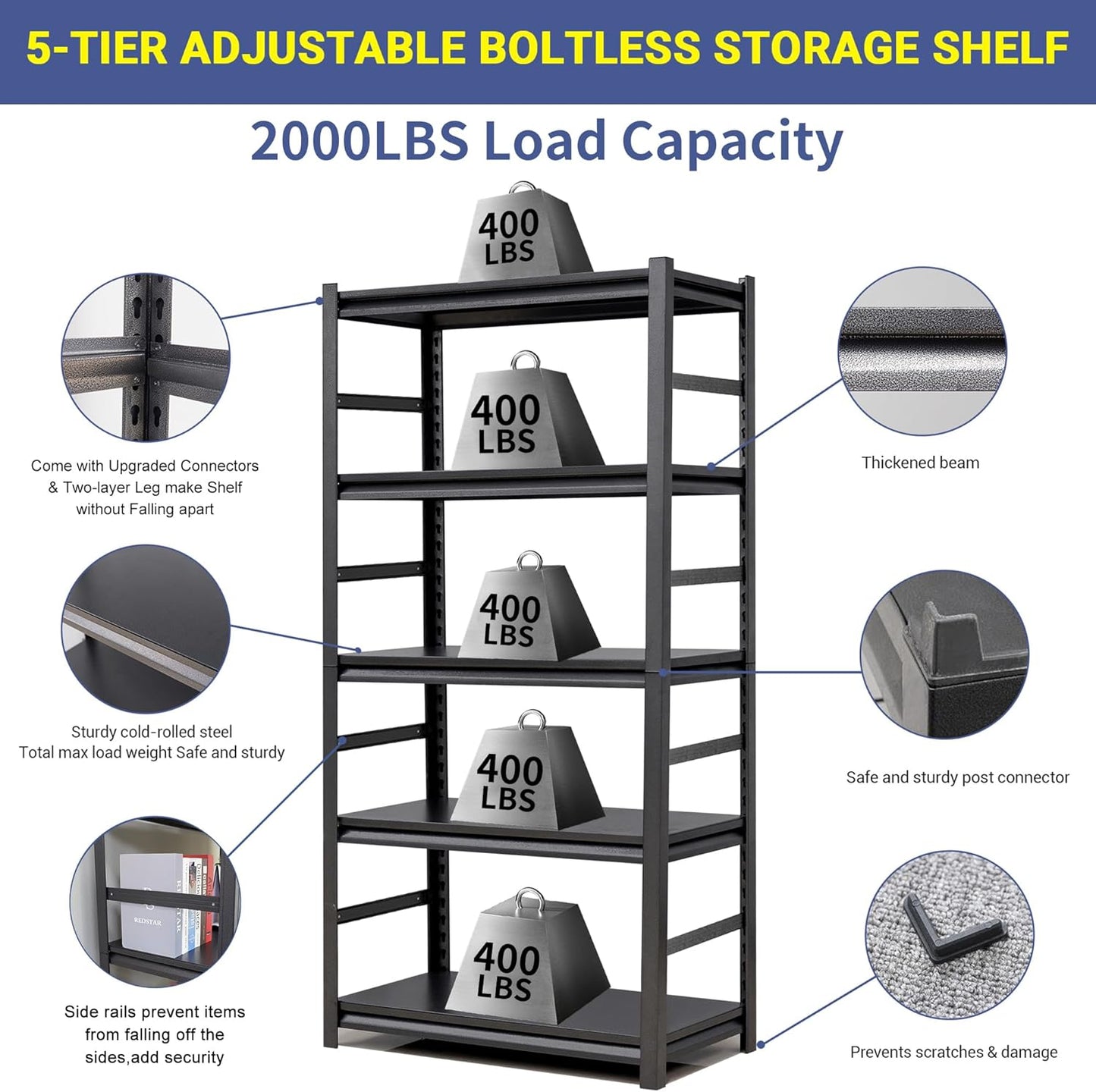 TOPKEY 5-Tier Utility Shelves Garage Storage Shelves, Heavy Duty Metal Storage Shelf for Garage, Kitchen, Warehouse, Adjustable Basement Storage Rack, Load 2000LBS, 63" H x 31.5" W x 15.8" D