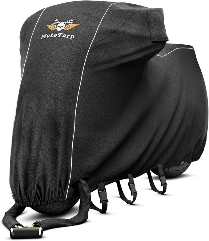 600D Heavy Duty Motorcycle Cover 100% Waterproof; License Plate Window, Exhaust Heat Guard, Night Reflectors, Wheel Lock Slots (Black, 2XL 98X39X61)