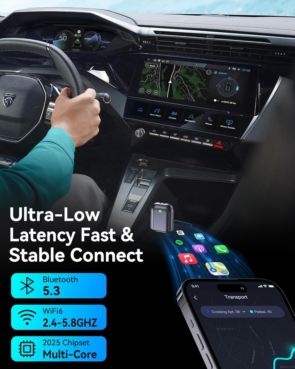 Burnt Sugar Wireless CarPlay Adapter for iPhone 2025 Upgrade, Wired to Wireless Ultra-Mini for Apple Car Play Adapter, WI-FI + Bluetooth Connect Stable Plug & Play for iOS 10+ & Cars from 2016+ (Gray)