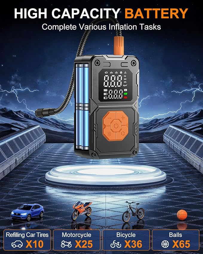 Cordless Portable Air Pump, 150PSI Fast Tire Inflator with Pressure Gauge & LED Light, Compact Air Compressor for Car, Bike, Motorcycle, and Balls (auto)