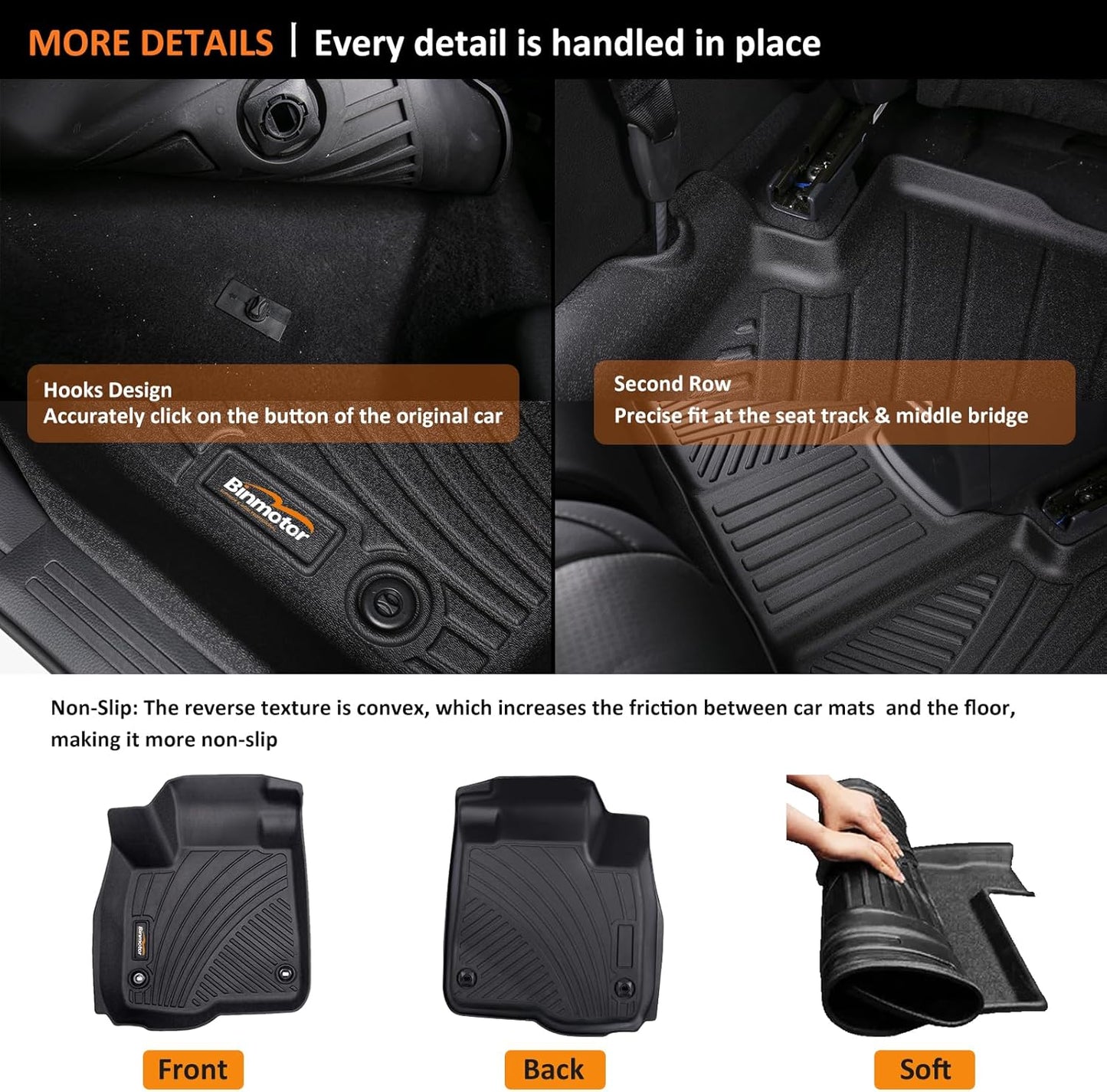 Binmotor-All Weather Floor Mats for Hyundai Santa Cruz 2025 2024 2023 2022, Full Set, Heavy Duty Car Floor Liners-Black for Santa Cruz Accessories