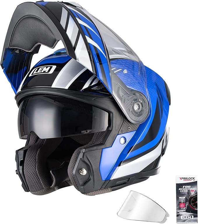 LEM Modular Motorcycle Helmets Fiberglass, Full Face Motorcycle Helmet Flip Up for Touring, DOT Certified, Release Sun Visor & Removable Comfort Liner, Lightweight Street Bike Helmet (Blue, XL)