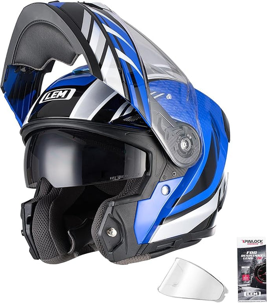 LEM Modular Motorcycle Helmets Fiberglass, Full Face Motorcycle Helmet Flip Up for Touring, DOT Certified, Release Sun Visor & Removable Comfort Liner, Lightweight Street Bike Helmet (Blue, L)