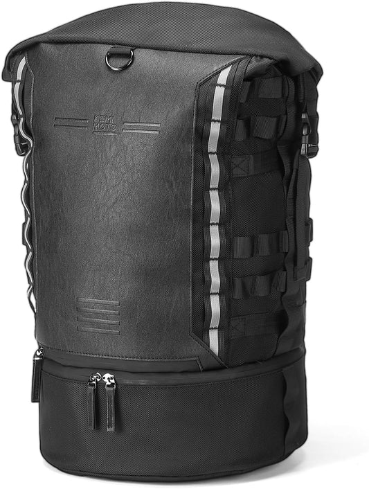 KEMIMOTO Motorcycle Sissy Bar Backrest Bag Upgraded Version, 37L Expandable Capacity PU Leather Motorcycle Tail Bag with Rain Cover, Luggage Backpack with Helmet Net & Shoulder Strap, Black