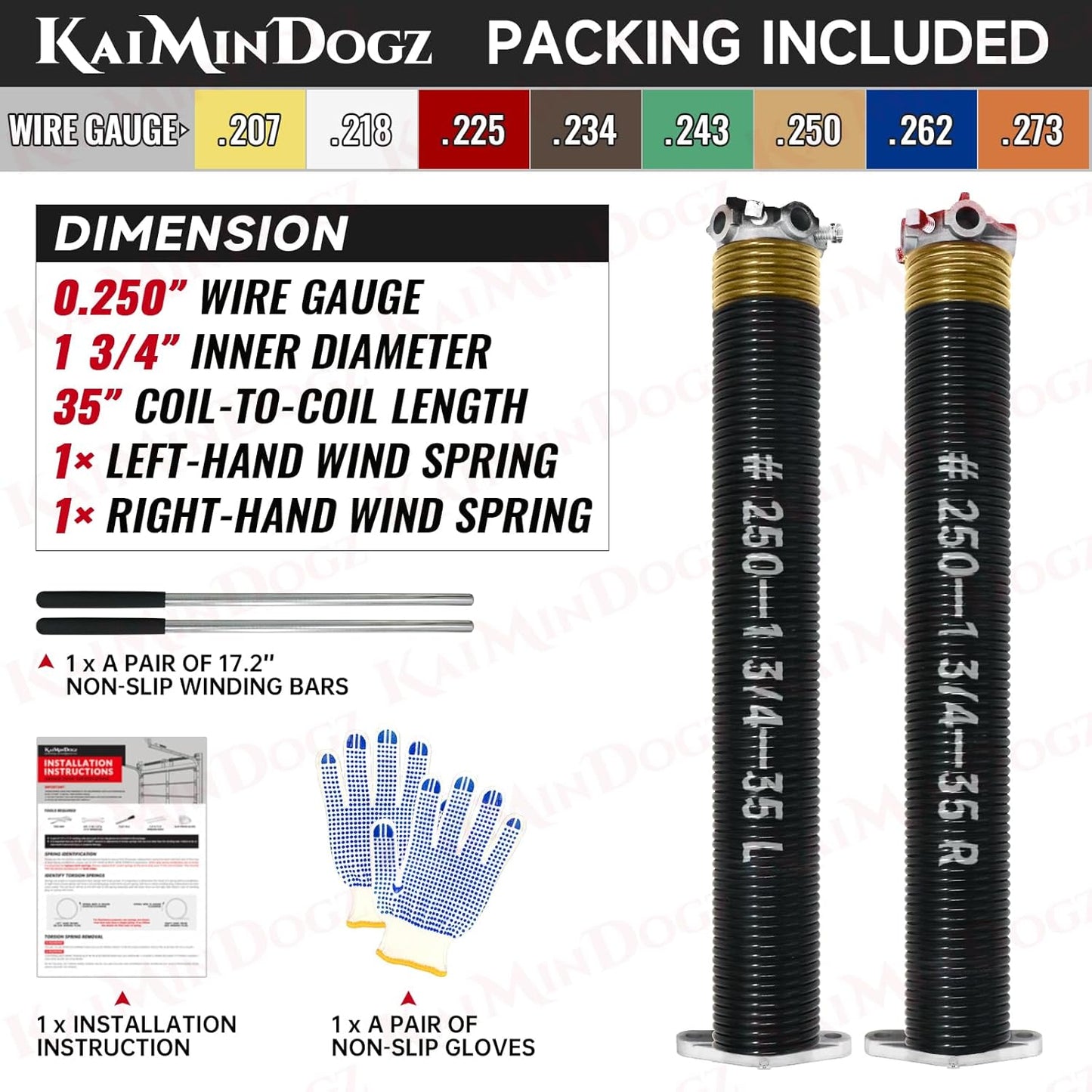 Pair of 1.75" Garage Door Torsion Springs Set with Non-Slip Winding Bars&Gloves, High Precision Electrophoresis Oil-Free Black Coated for Replacement, MIN 16,000 Cycles (0.250 x 1.75"x 35")