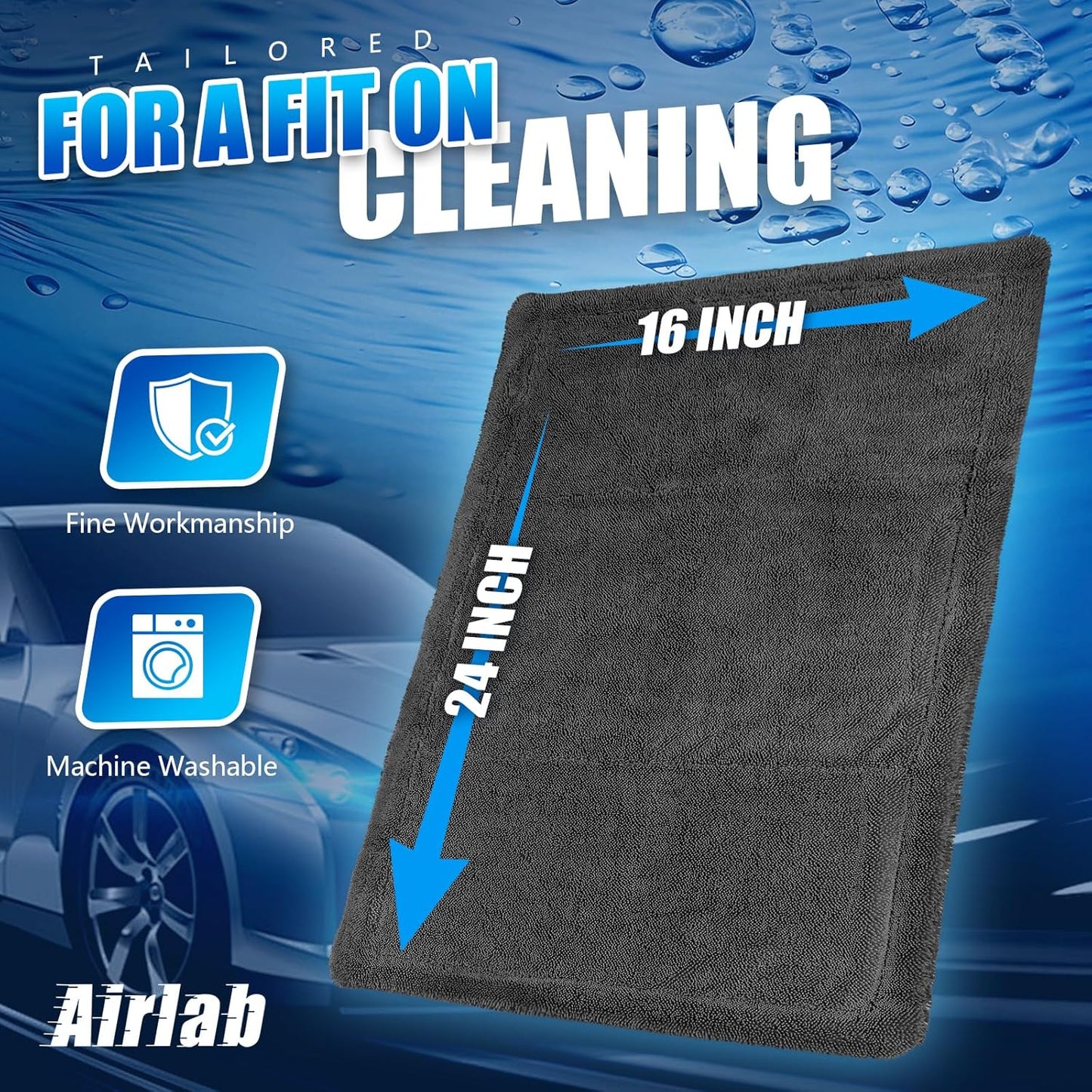 Airlab Microfiber Towels for Cars Wash Drying Super Absorbent Cleaning Cloth Auto Detailing Ultra Soft, Lint-Free, Streak-Free, 24 x 16 Inch, Pack of 1, Dark Grey, 1200 GSM