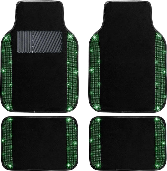 NBTEPEM Bling Car Floor Mats Full Set, Universal Fit Most Cars,SUV, Trucks, 4 pcs Sparkle Glitter Diamond Carpet for Women Girls with Anti-Slip Pad (Green Diamond)