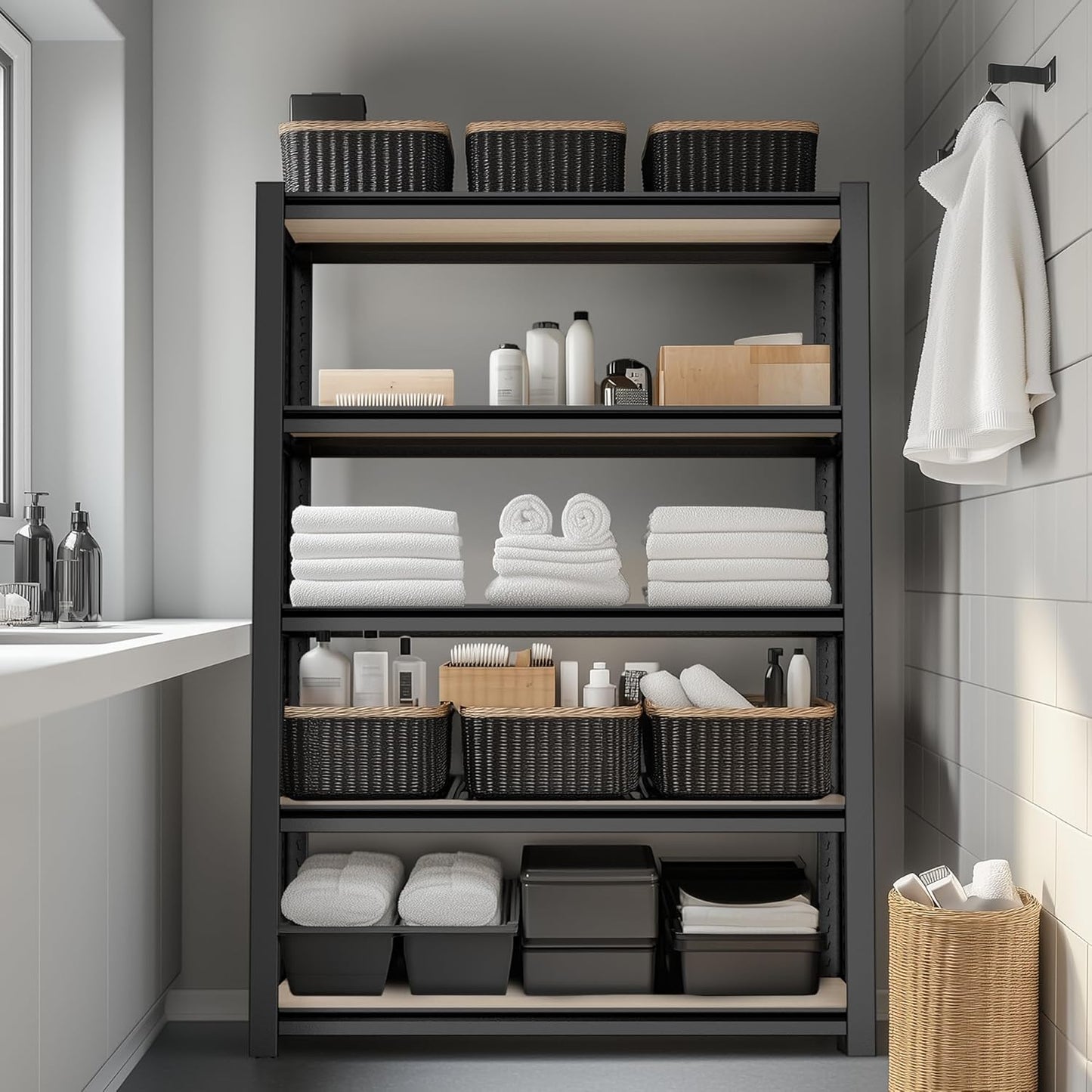 WORKPRO House 3000lbs 5-Tier Shelving Unit, 72" H Adjustable Storage Shelves, Boltless Book Shelf, Shelf Organizer for Kitchen, Living Room, Bathroom, Wood Grain Pattern, Waterproof Board, Black