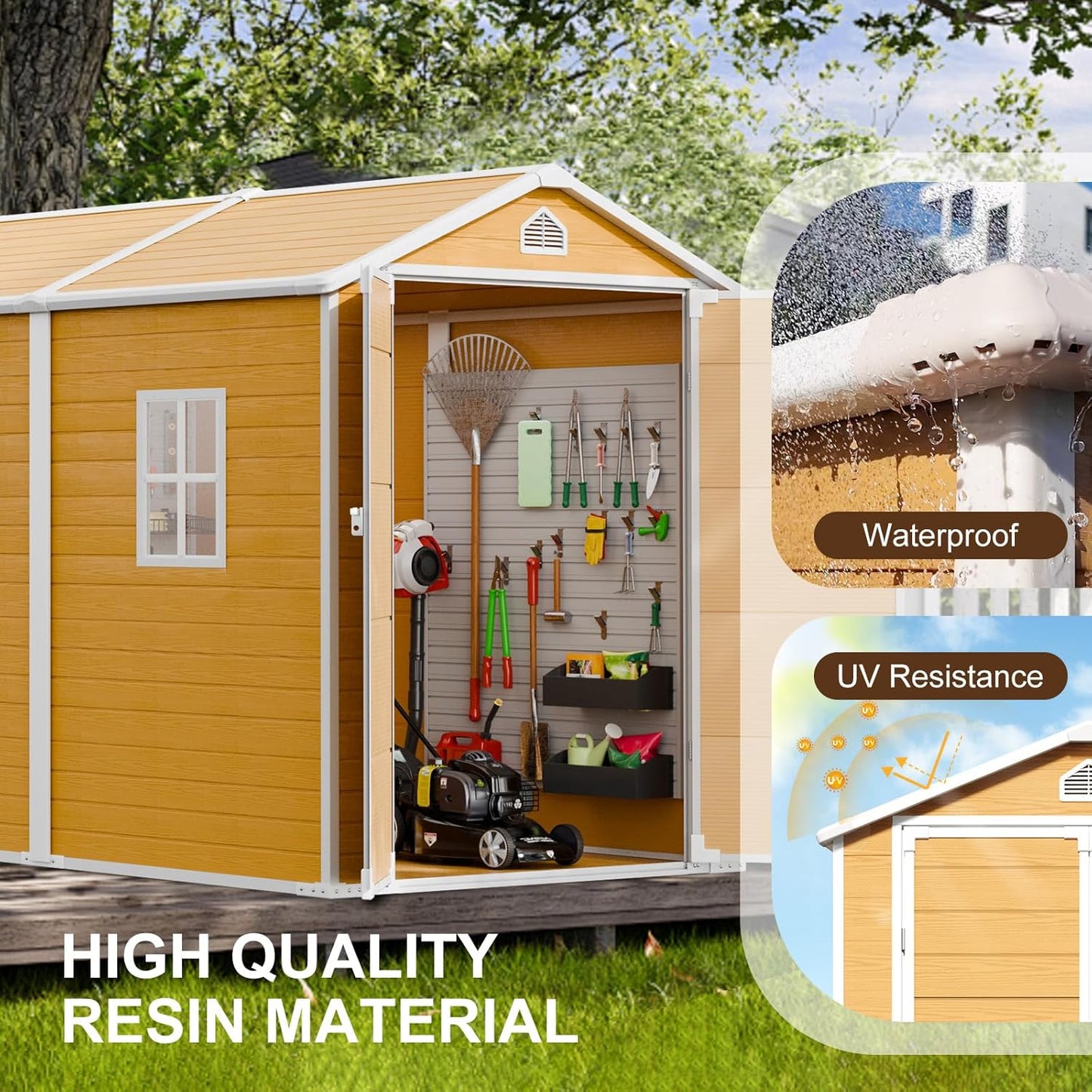 8x6 FT Resin Storage Shed, Waterproof Outdoor Shed w/Floor Included, 2 Windows, Double Lockable Doors & Vents,Outside Plastic Tool Sheds for Garden, Lawn, Backyard, Wood-Grain Brown