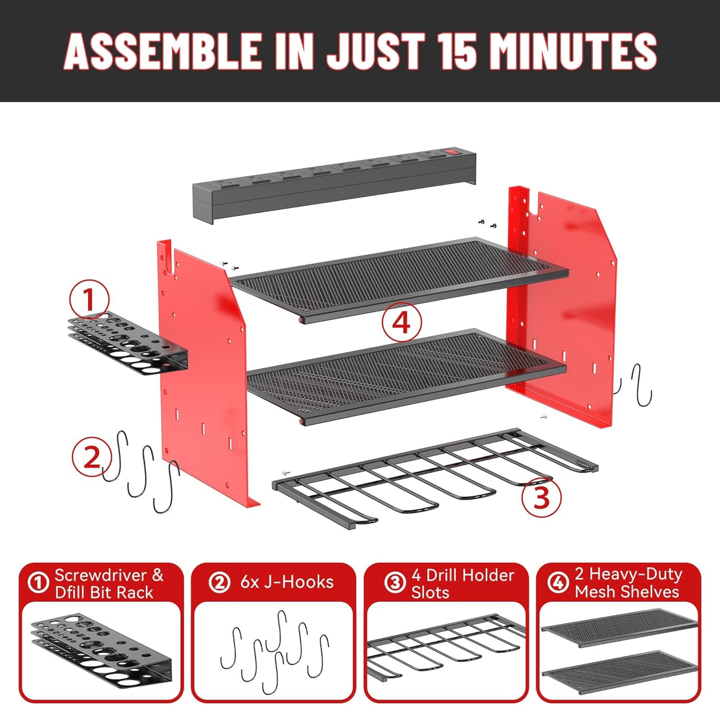 3-Tier Modular Drill Holder & Power Tool Organizer Wall Mount with Charging Station, Tool Storage Rack with Hooks, 8-Outlet Power Strip, Bit Rack & Cordless Garage Tool Organization (Red)