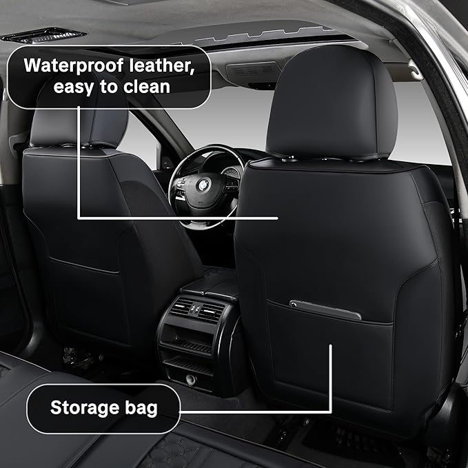 Black Leather Car Seat Covers - Luxury Waterproof Car Seat Covers with Lumbar Support, Non-Slip Base, and Airbag Compatibility; Suitable for Sedans, Suvs, and Pickups.