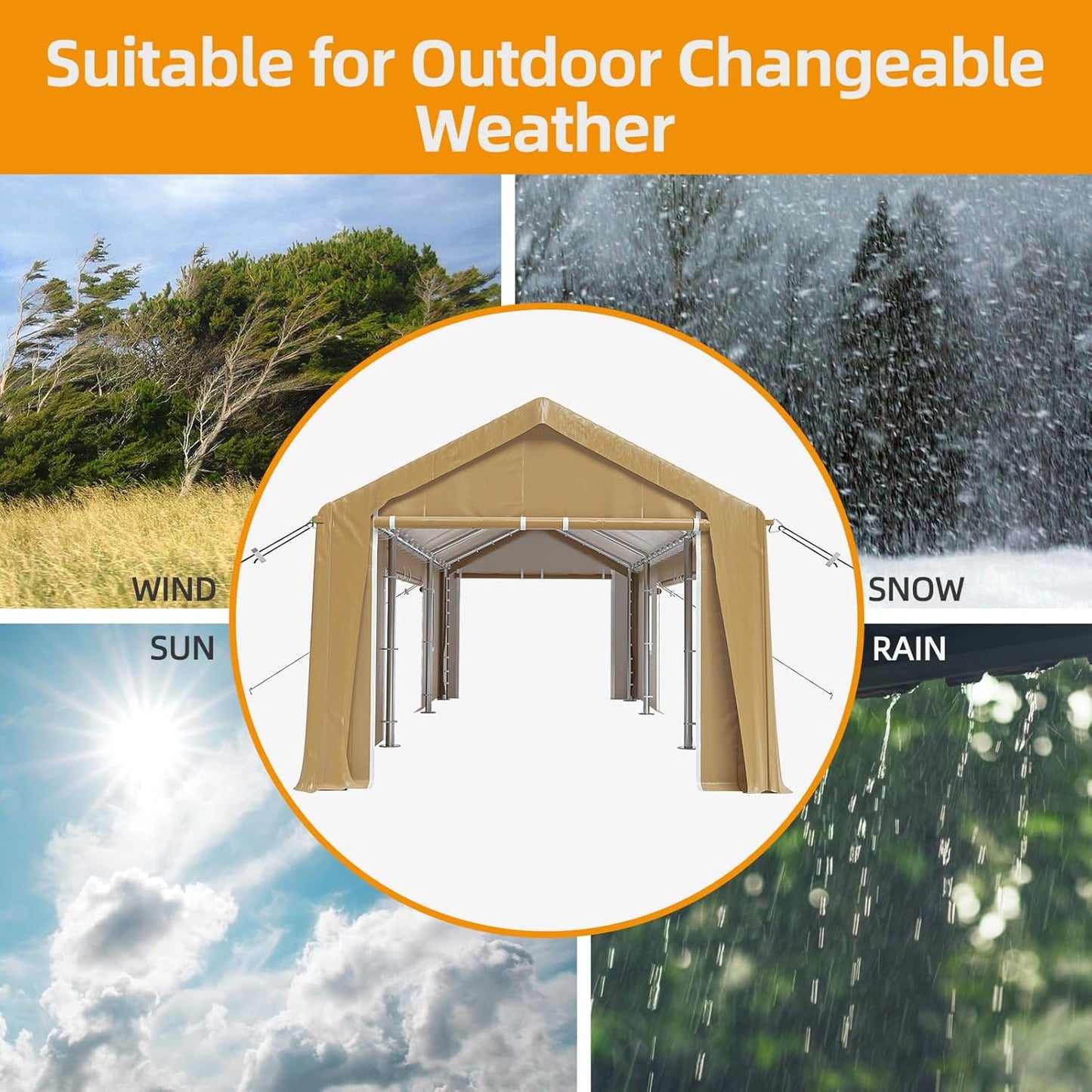 10x20ft Heavy Duty Carport Outdoor Canopy Portable Garage with 4 Doors & 4 Windows Waterproof UV Resistant Storage Shelter with Removable Sidewalls for Car Truck Boat, Earthy Yellow