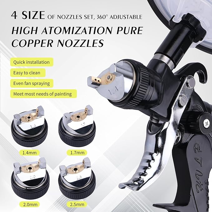 HVLP Spray Gun with 10Pcs 600ML Disposable Paint Cups, 4 Nozzles,1.4/1.7/2.0/2.5mm, Automotive Gravity Feed Paint Spray Gun Kit with Air Compressor Regulator for Auto (Black)