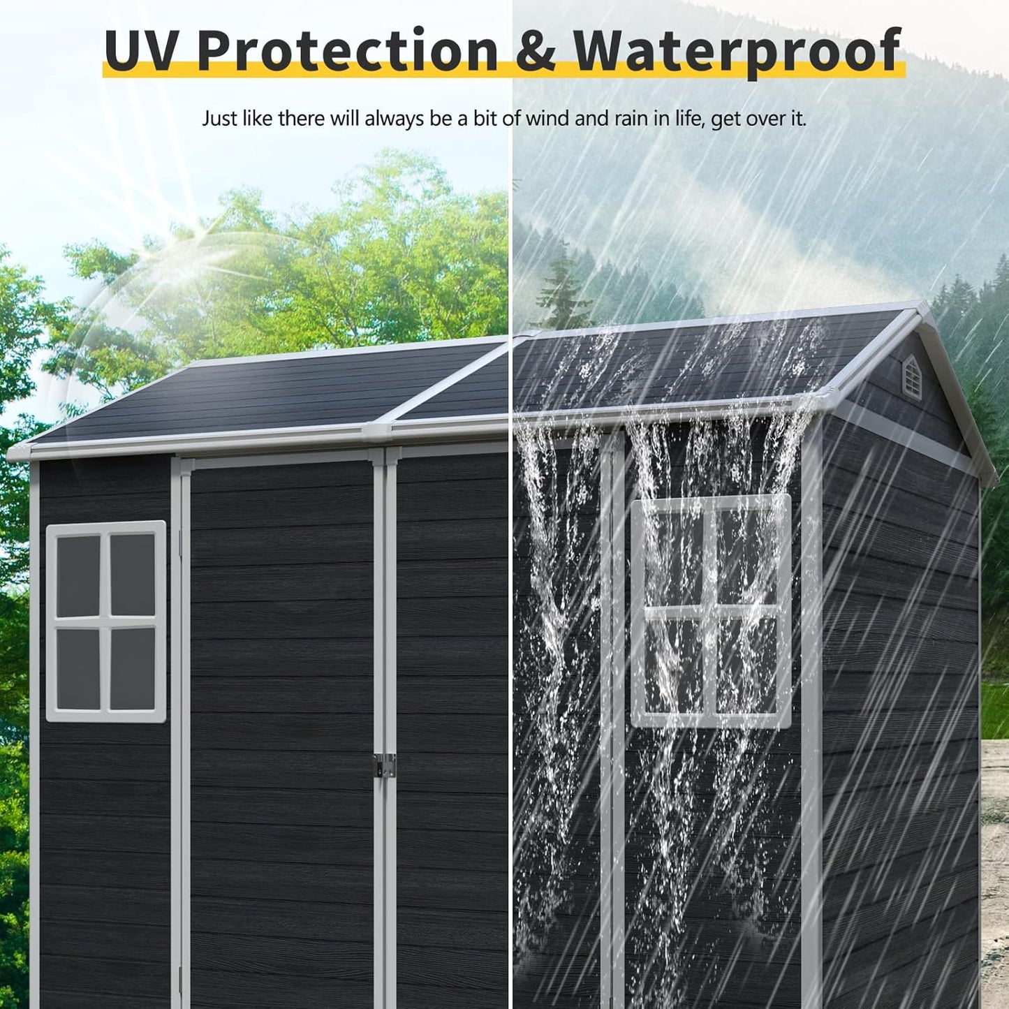8x6 FT Outdoor Storage Shed, Resin Garden Shed with Thick Floor, Plastic Storage Shed with 2 Windows, Waterproof Outside Tool Shed with Lockable Hinged Doors for Backyard, Patio, Lawn, Black