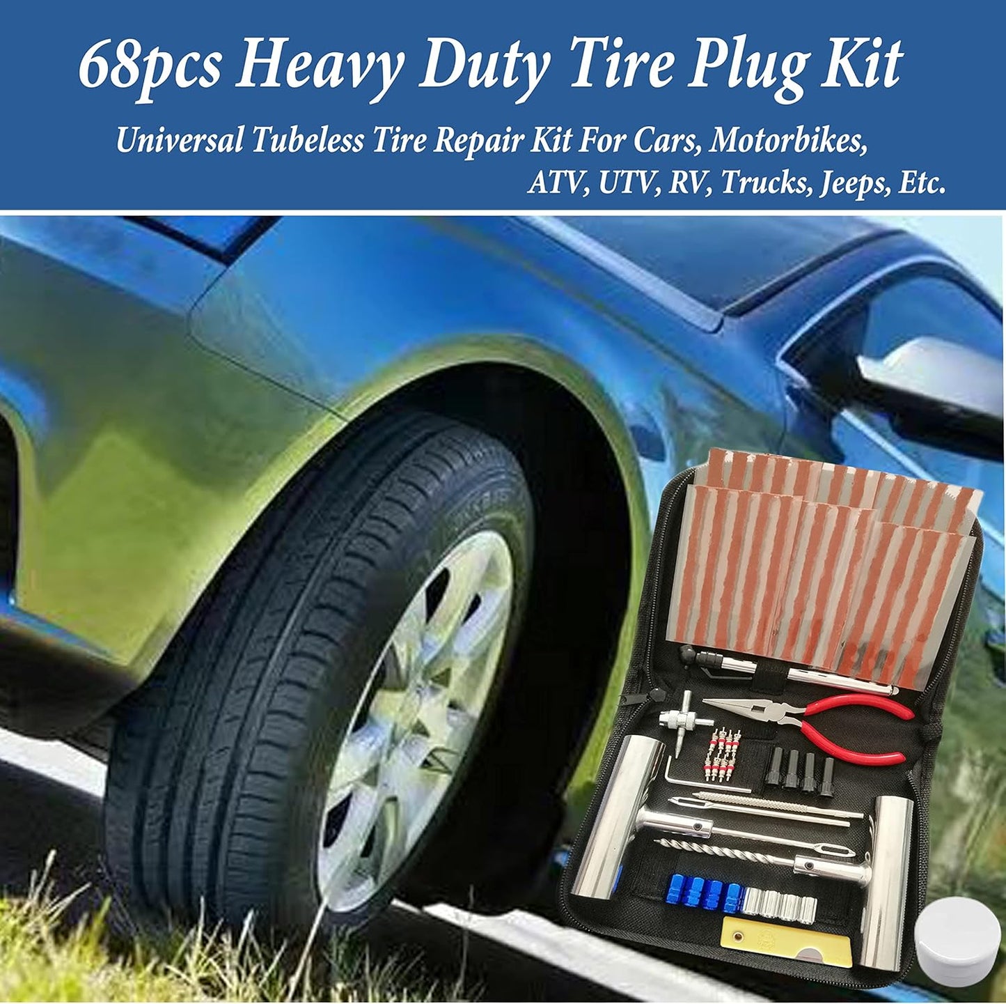 Tire Repair Kit, 68pcs Heavy Duty Tire Plug Kit, Universal Tire Repair Tools Flat Tire Puncture Repair for Car, Motorcycle, Truck, SUV, RV, ATV, Tractor, Trailer Fix Punctures and Plug Flats Patch Kit