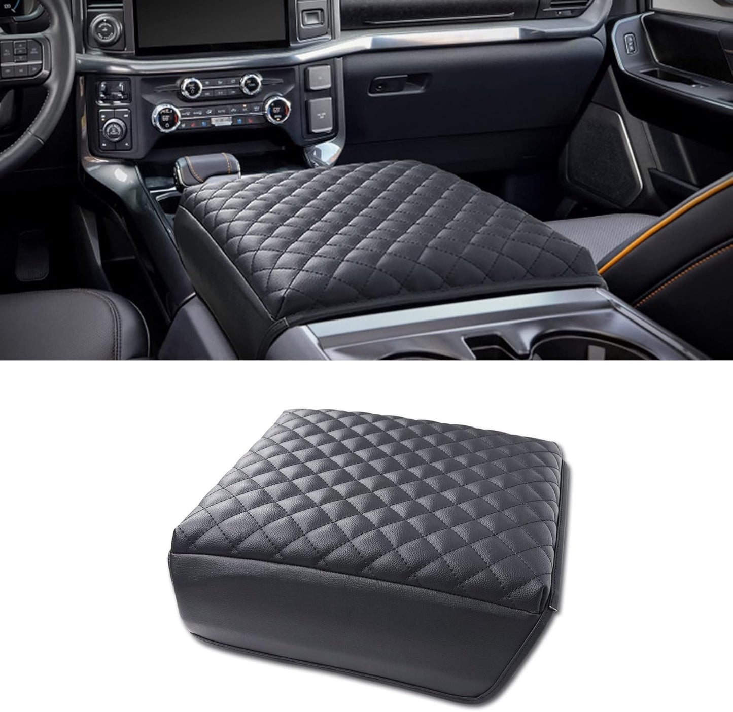 KMMOTORS F150(2021-2025) Center Console Cover, Thick Armrest Cushion, Funda para consola de coche, Car Interior, Vegan Leather, Armrest Protector (2021~2025, Full Cover Black), F150 Accessories