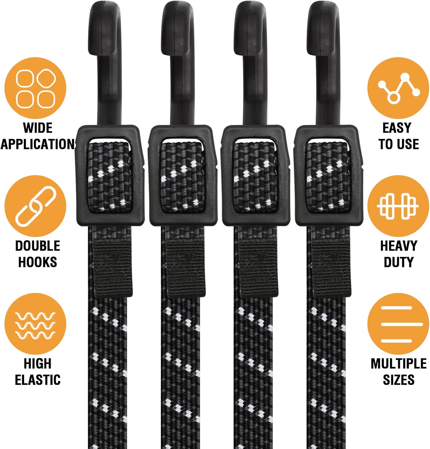 Bungee Cords with Hooks Heavy Duty, Flat Adjustable Bungee Cords with Hooks 40 Inch, Reflective Rubber Black Bungee Straps with Buckle Hooks for Outdoor, Camping, Tarps, Bike Racks, Tents, Black