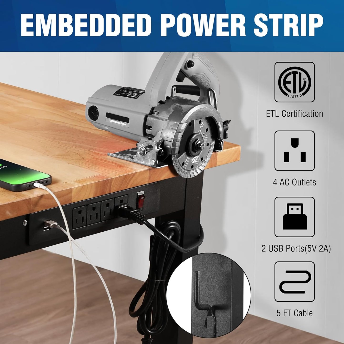 WORKPRO Adjustable Garage Workbench, 48"x22" Rubber Wood Top Heavy-Duty Work Desk with Power Outlets, Leveling Foot, 5 Heights, 1500 LBS Load Capacity Work Benches for Garage, Workshop