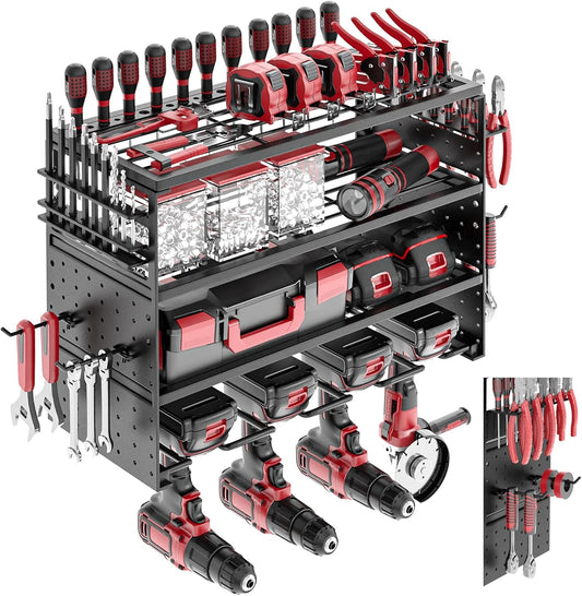 Power Tool Organizer Wall Mount - 4 Layer Metal Power Tool Storage Rack, Cordless Drill Holder with 4 Hooks, Utility Storage Rack for Garage Workshop Shed Pegboard