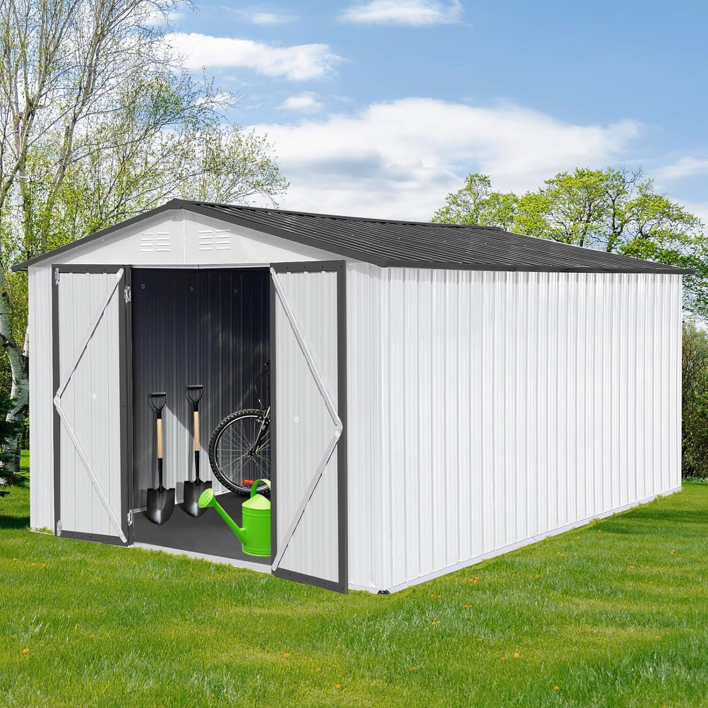 12 x 10 FT Metal Garden Shed, Outdoor Storage Shed with Heavy-Duty Steel Construction, Built-in Punched Vents & Hinged Door, Free Padlock for Secure Backyard, Patio & Garage Storage, White + Grey