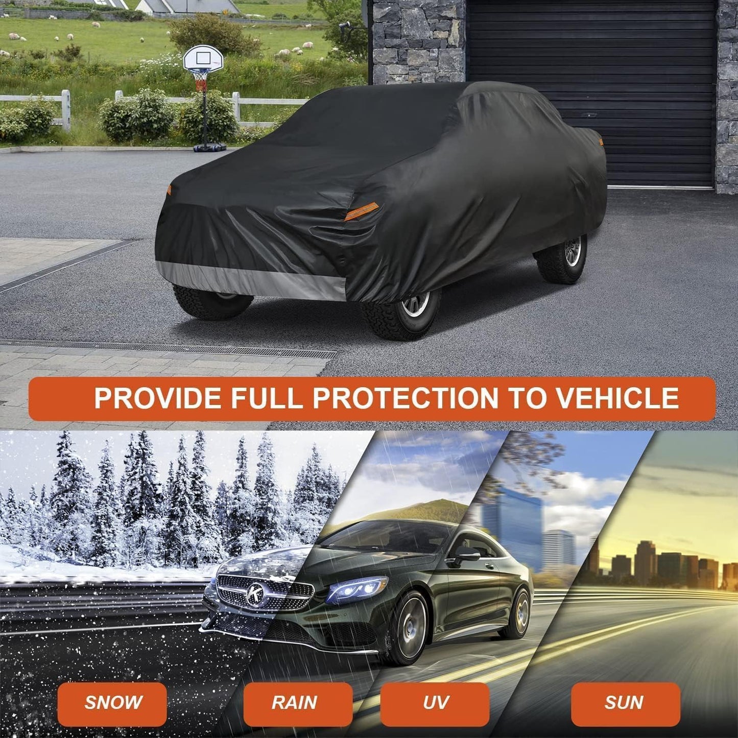 Kayme 7 Layers Truck Cover Waterproof All Weather, Heavy Duty Outdoor Pickup Cover Sun Rain Uv Protection, Universal Fit (Length Up to 220 inch) M+.Black