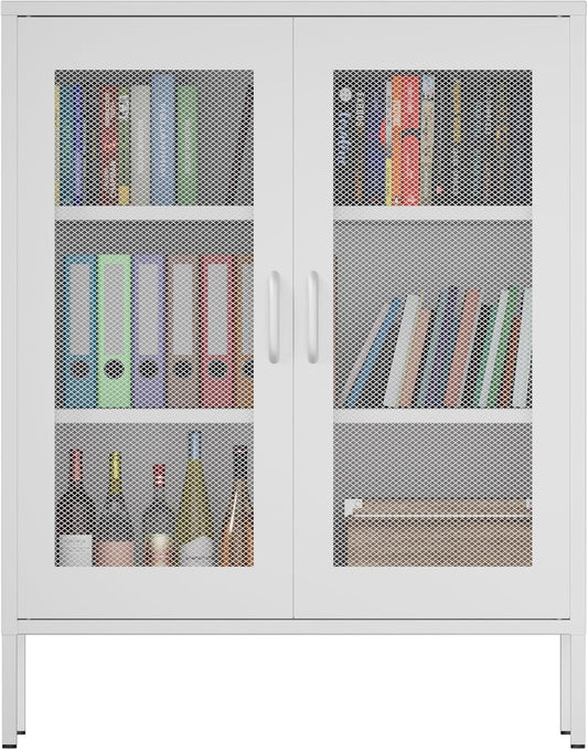 Metal Storage Cabinet with Mesh Doors,Steel Display Cabinet with Adjustable Shelves,Metal Office Storage Locker for Home Office,Garage(White mesh, 40''H)