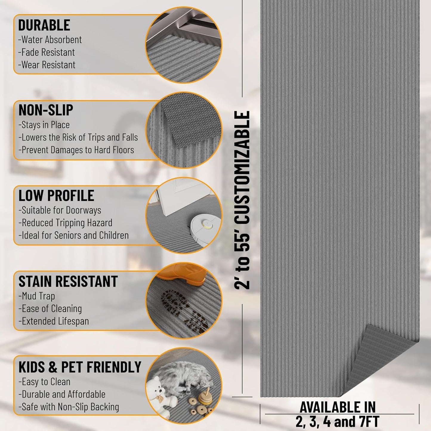 Ottomanson 2'7" x 20' Hallway Runner with Scraper Pile - Extra Durable Non-Slip Rug Mat for Indoor & Outdoor Use - Ideal for Kitchen, Entryway & Garage - High-Traffic Carpet, Gray