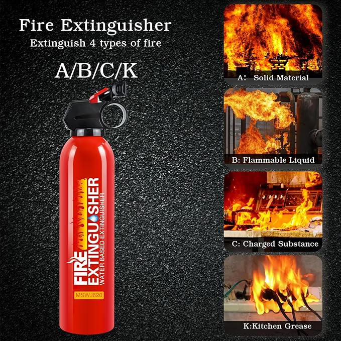 Fire Extinguisher for Home, 2 Pack Car Fire Extinguishers with Mount, 4 in 1 Portable Kitchen Fire Extinguishers for A, B, C, K Category, 620ml Mini Water-Based Fire Extinguisher for Car Truck Boat