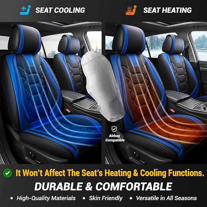 OASIS AUTO Car Seat Covers Full Set Premium Waterproof Faux Leather Cushion Universal Accessories Fit SUV Truck Sedan Automotive Vehicle Auto Interior Protector (OS-004 Black&Blue)