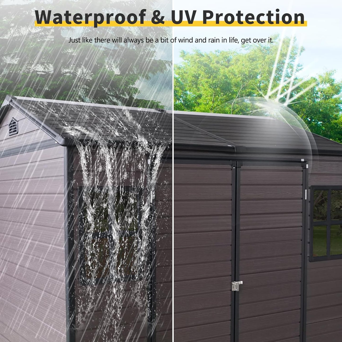 8x6 FT Outdoor Storage Shed with Floor,Waterproof Resin Plastic Bike Shed with Vents & Windows, Lockable Door, Garden Tool Shed Easy to Assembly for Lawn, Backyard, Patio, Brown