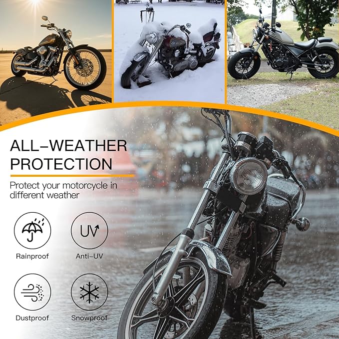 300D Heavy Duty Motorcycle Cover - All Season Waterproof Outdoor Protection with Lock-Holes, Night Reflective & Storage Bag Fits up to 86.6" Cruiser, Touring, Sportbike, Dirt Bike, Scooter