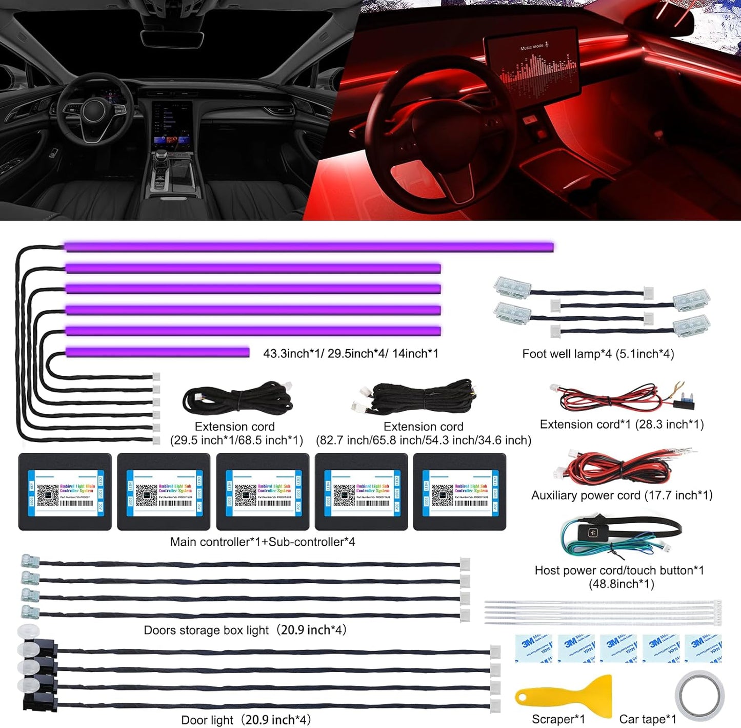 Acrylic Interior LED Strip Light With Wireless APP, RGB 18 in 1 With 175 Inches 600 LEDs Fiber Optic Ambient Lighting Kits for Car, 16 Million Colors Sound Active Function