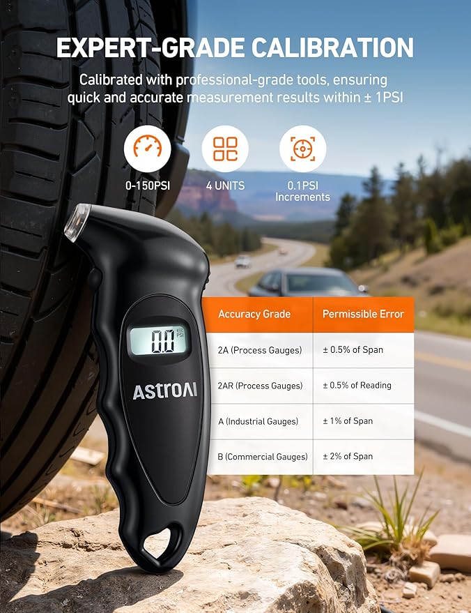 AstroAI Digital Tire Pressure Gauge 0-150PSI, Accurate in 0.1 Increments, Backlit LCD and Presta Valve Adaptor Included, 4 Units of Measurement for Car Truck Bicycle, Black