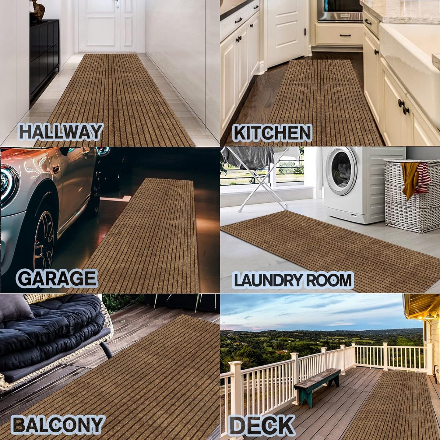Custom Size Backed Non-Slip Area Rugs Runner, Easy Clean, Waterproof Runner Rugs for Hallway Entryway, Kitchen, Laundry, 2FT x 69FT, Brown Stripe